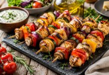 Grillgenuss mit mediterranen Hähnchenspießen und buntem Sommergemüs