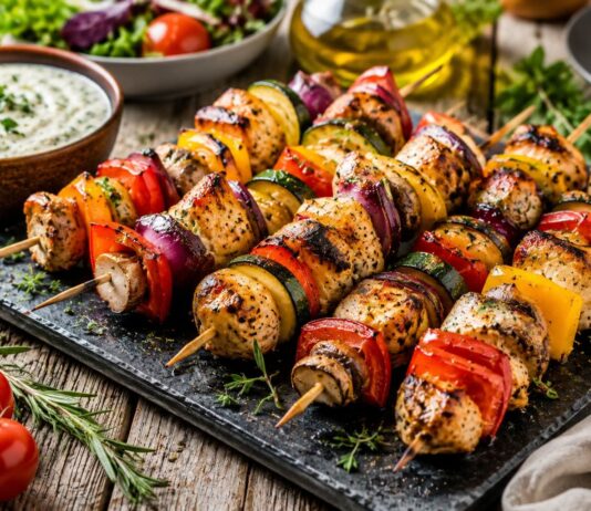 Grillgenuss mit mediterranen Hähnchenspießen und buntem Sommergemüs