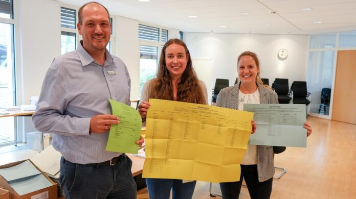 Auftakt der Kommunalwahl: Gemeindewahlleiter Steffen Klingenberg (von links) sowie Alina Schmahlfeldt und Natascha Rien vom Team Wahlen der Stadt Seelze zeigen einige der Stimmzettel für die Kommunalwahl Briefwahl in Seelze: Antrag seit 17. August online